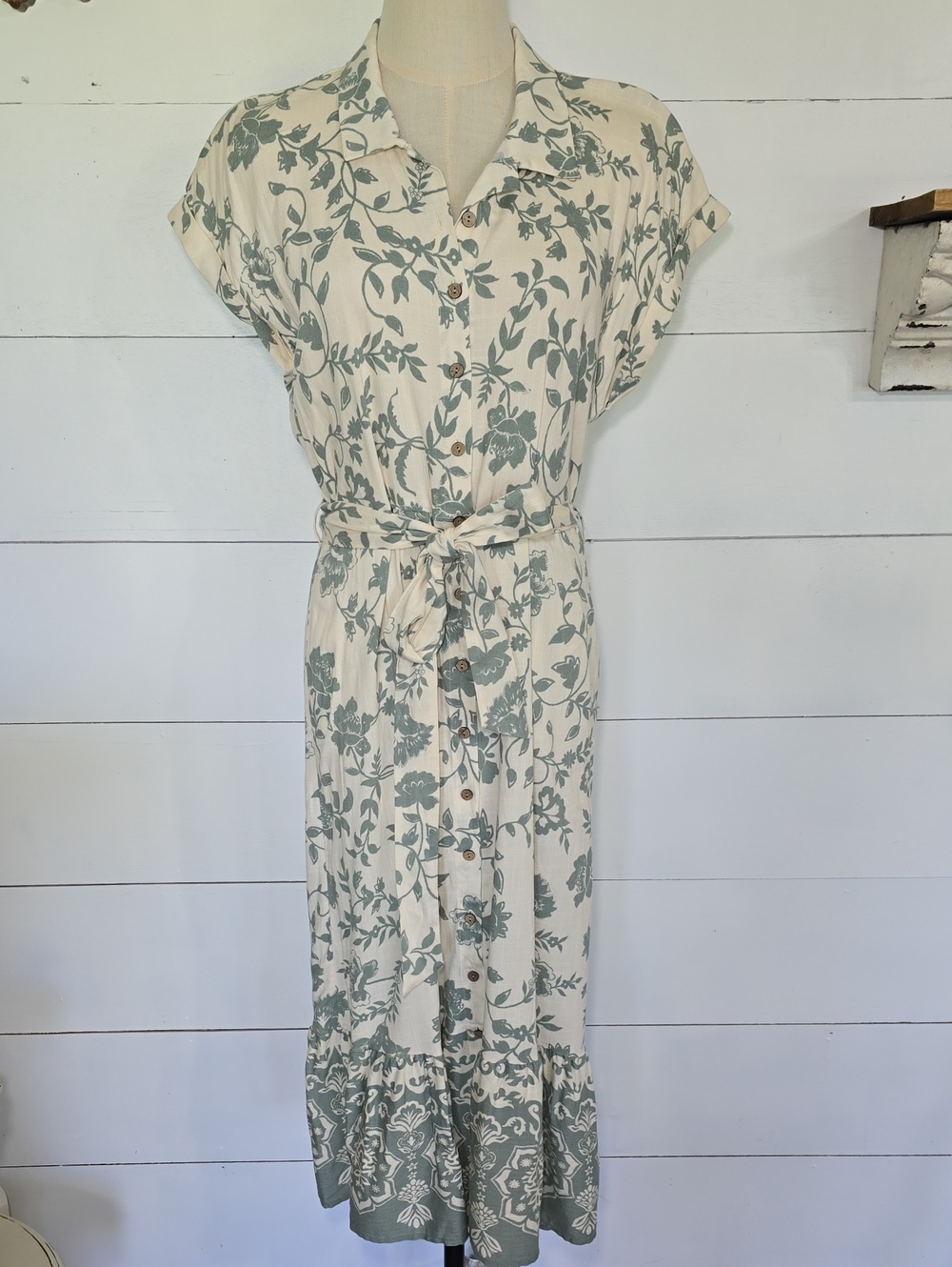 Lucky Brand Green Floral Boho Midi Shirtdress Tie Waist Border Print